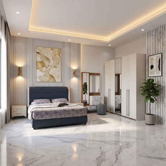 Modern bedroom with a bed, wardrobe, and decorative elements.