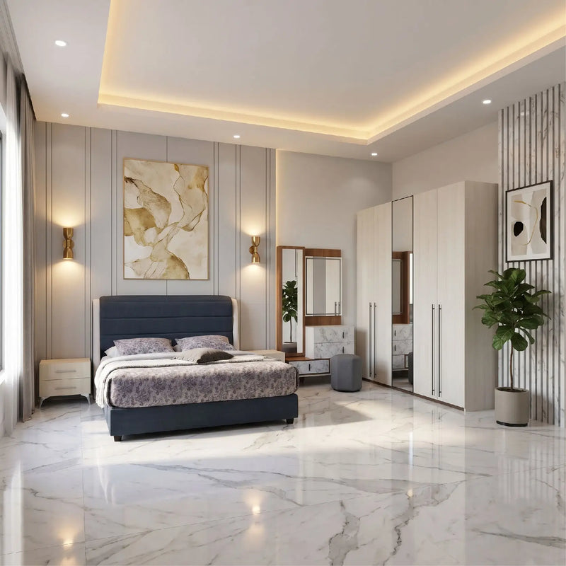 Modern bedroom with a bed, wardrobe, and decorative elements.
