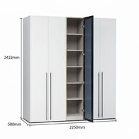 White wardrobe with open door showing shelves, dimensions labeled on a white background
