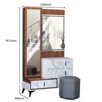 Dressing table with mirror, drawers, and stool with dimensions on a white background