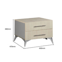 Beige nightstand with dimensions labeled on a white background