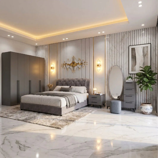 Modern bedroom with gray upholstered bed, wardrobe, and decorative elements.