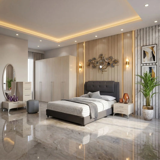 Modern bedroom with a bed, wardrobe, and decorative elements.