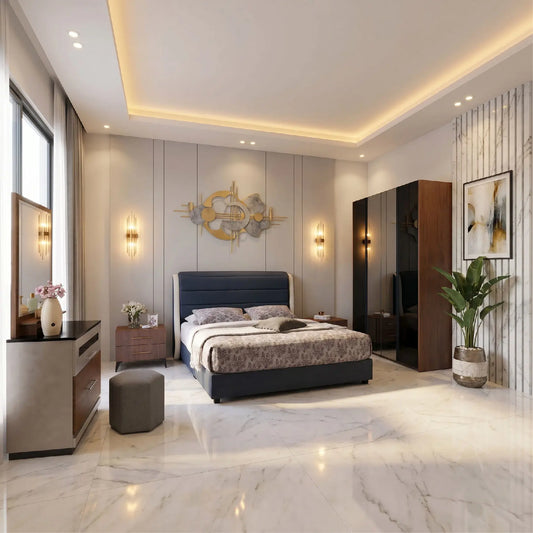Modern bedroom with marble flooring, stylish furniture, and decorative elements.