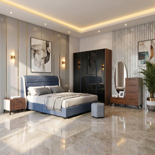 Modern bedroom with blue bed, black wardrobe, and wooden dresser.