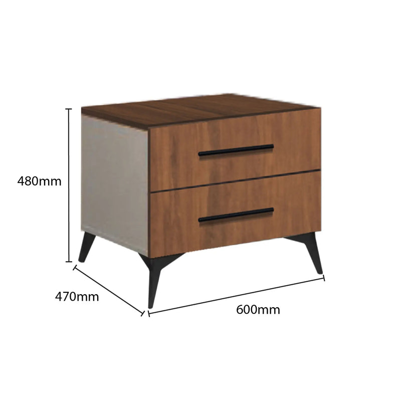 Wooden nightstand with dimensions labeled on a white background