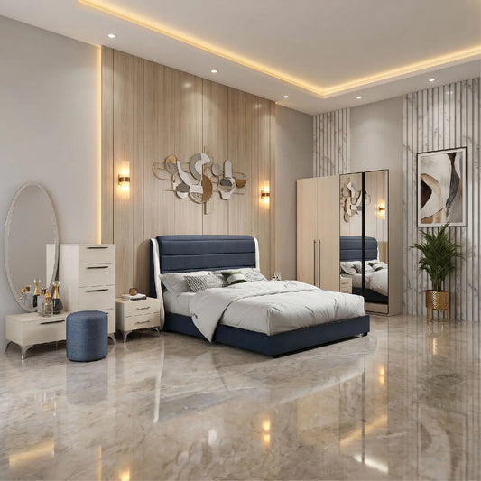 Modern bedroom with a blue bed, side tables, and decorative elements.
