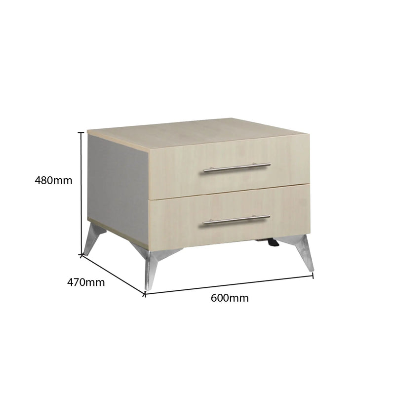 Two-drawer nightstand with dimensions labeled on a white background