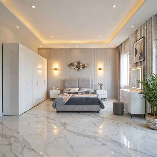 Modern bedroom with gray bed, marble floor, and decorative elements.