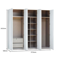 White wardrobe with open doors showing shelves and a drawer, with dimensions displayed.