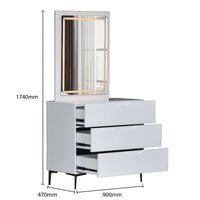 Modern cabinet with drawers and a mirror, showing dimensions on a white background