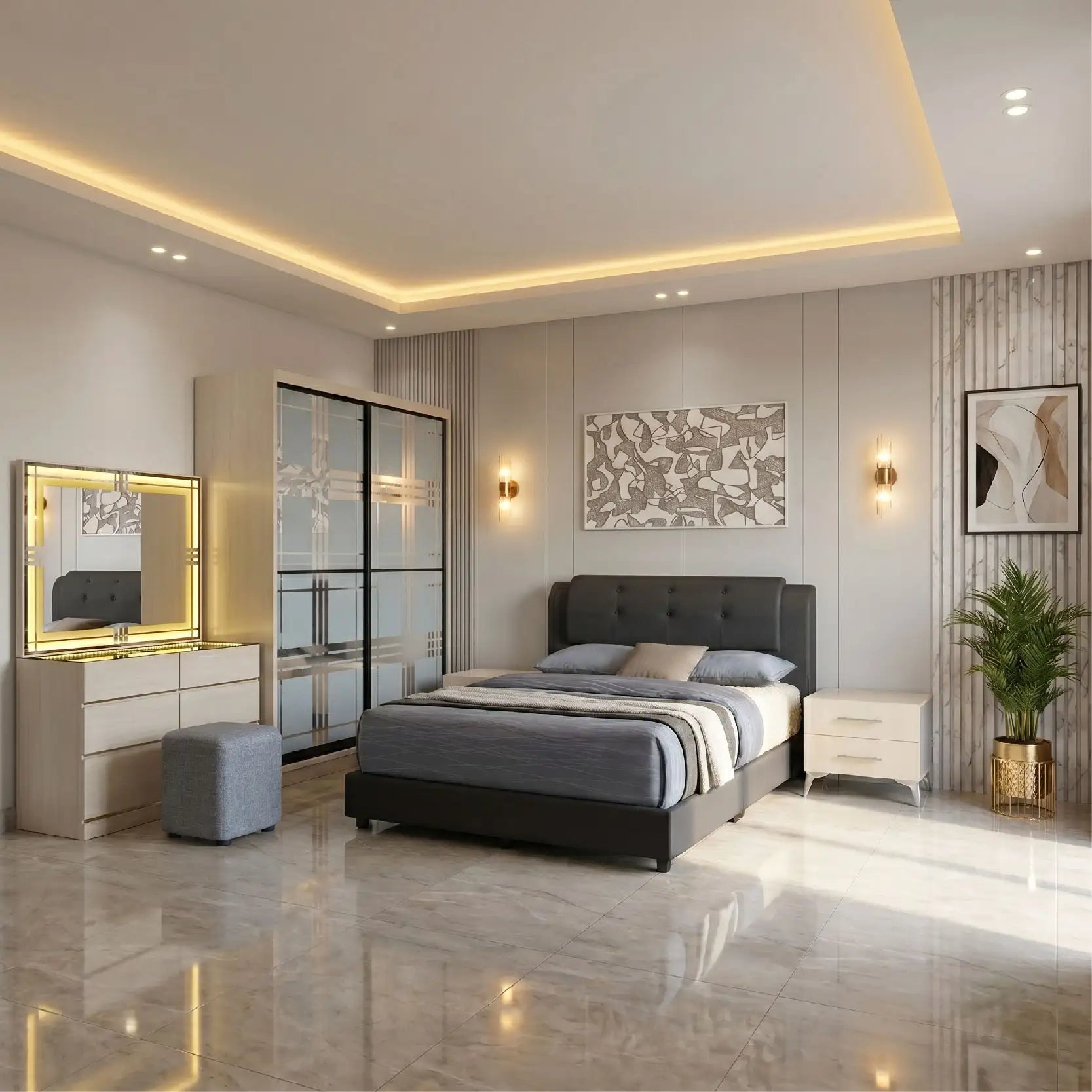 Modern bedroom with gray bed, dresser, and decor