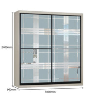 Sliding door wardrobe with glass panels and dimensions on a white background