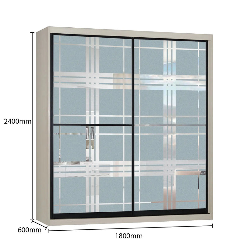 Sliding door wardrobe with glass panels and dimensions on a white background