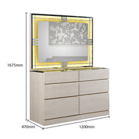 Display cabinet with glass top and dimensions on a white background