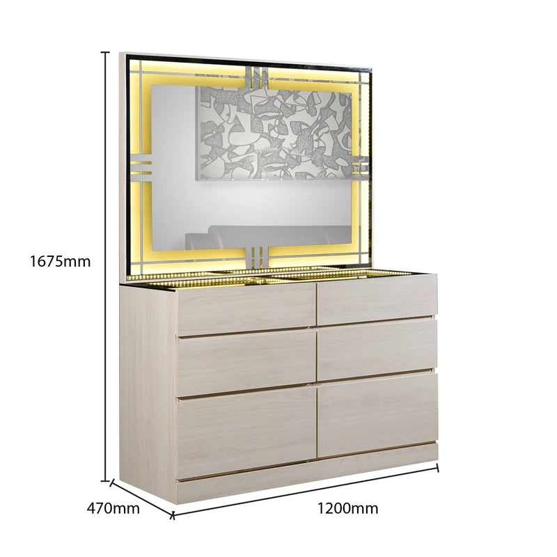 Display cabinet with glass top and dimensions on a white background