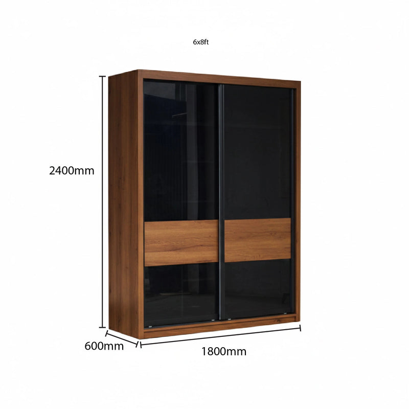 Wooden wardrobe with sliding doors and dimensions on a white background