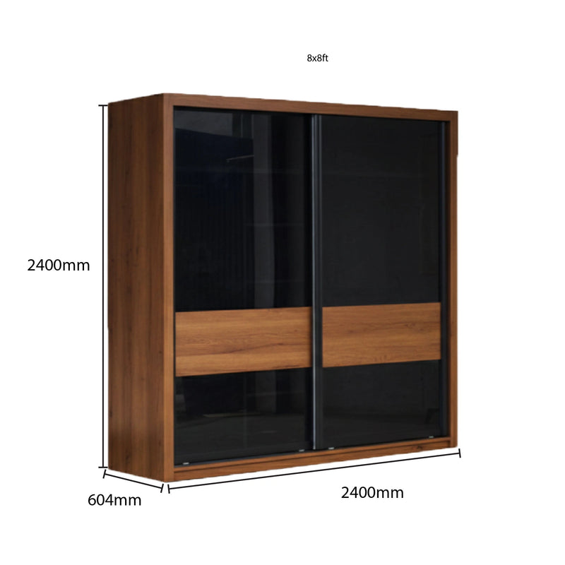 Wooden wardrobe with sliding doors and dimensions labeled on a white background