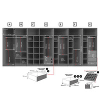 Diagram of a locker system with dimensions and features labeled
