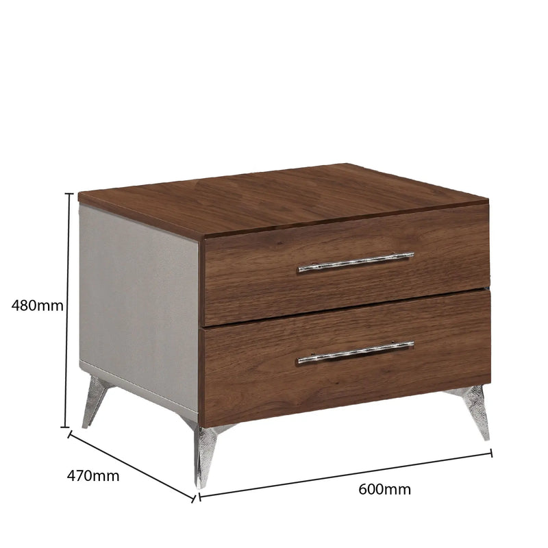 Wooden nightstand with dimensions on a white background