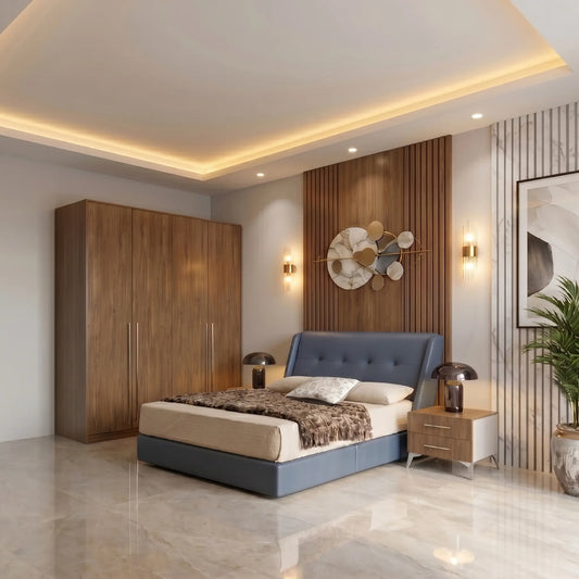 Modern bedroom with a bed, wardrobe, and decorative wall art.