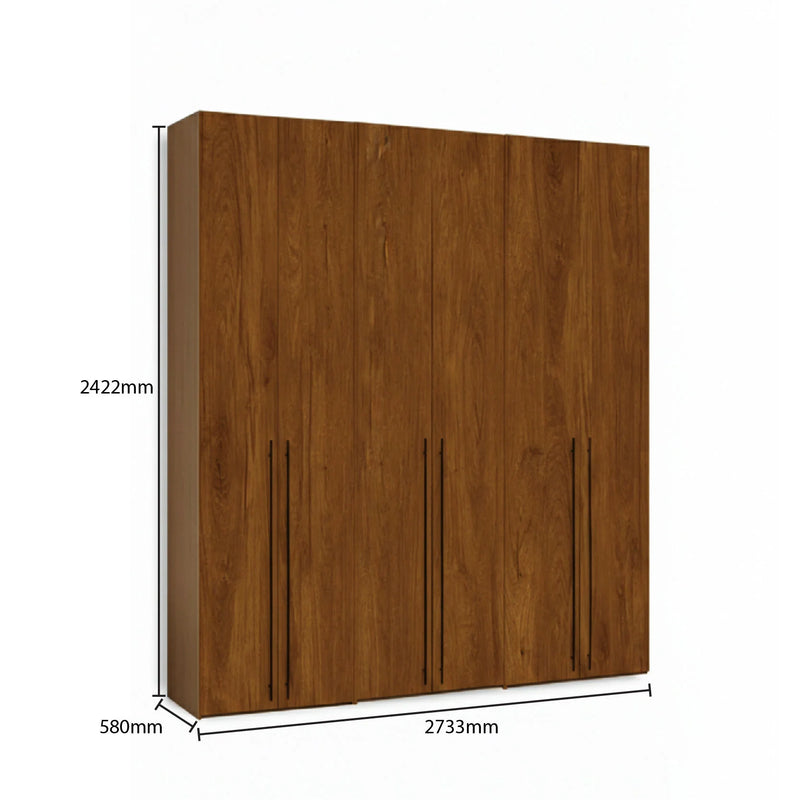 Wooden wardrobe with dimensions labeled on a white background
