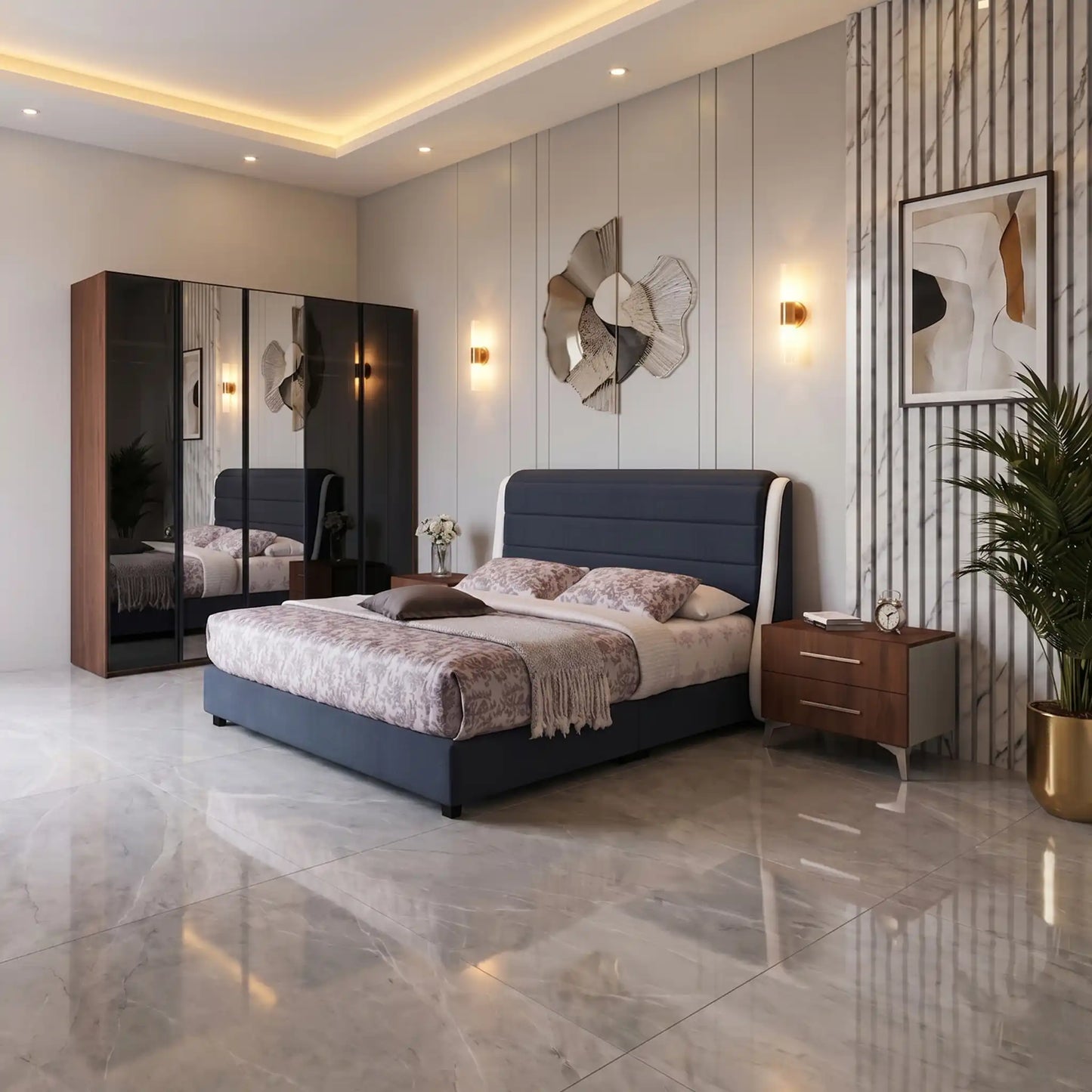 Modern bedroom with a large bed, wardrobe, and decorative elements.