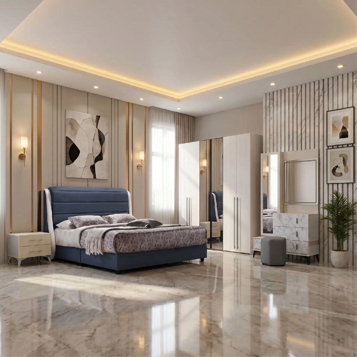 Modern bedroom with a blue bed, marble floor, and decorative wall art.