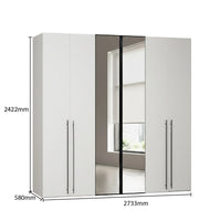White wardrobe with mirror doors and dimensions labeled on a white background