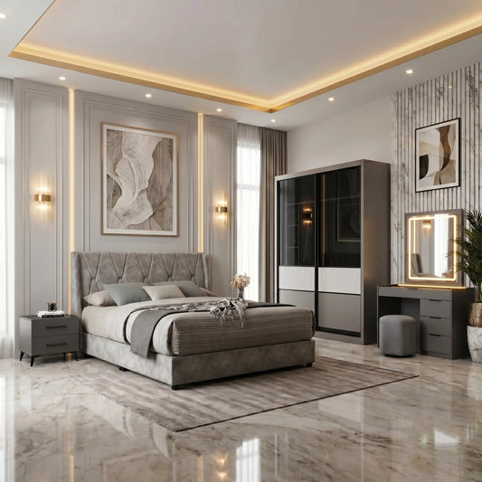 Modern bedroom with gray upholstered bed, side tables, and wall art.