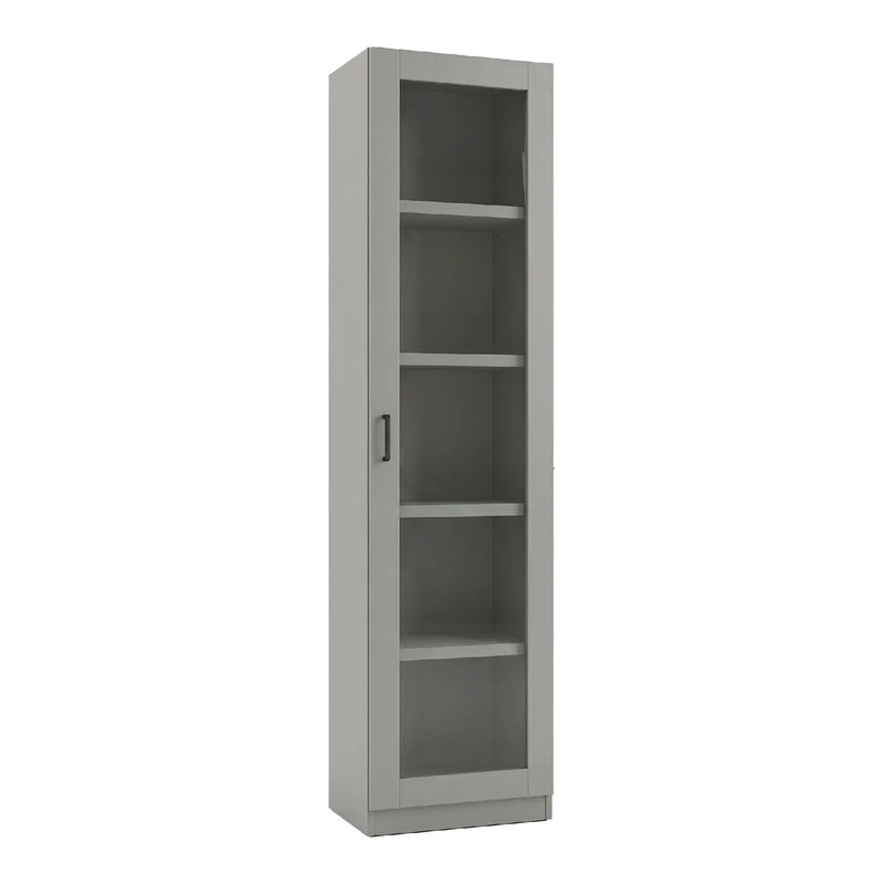 Gray bookshelf with a glass door on a white background