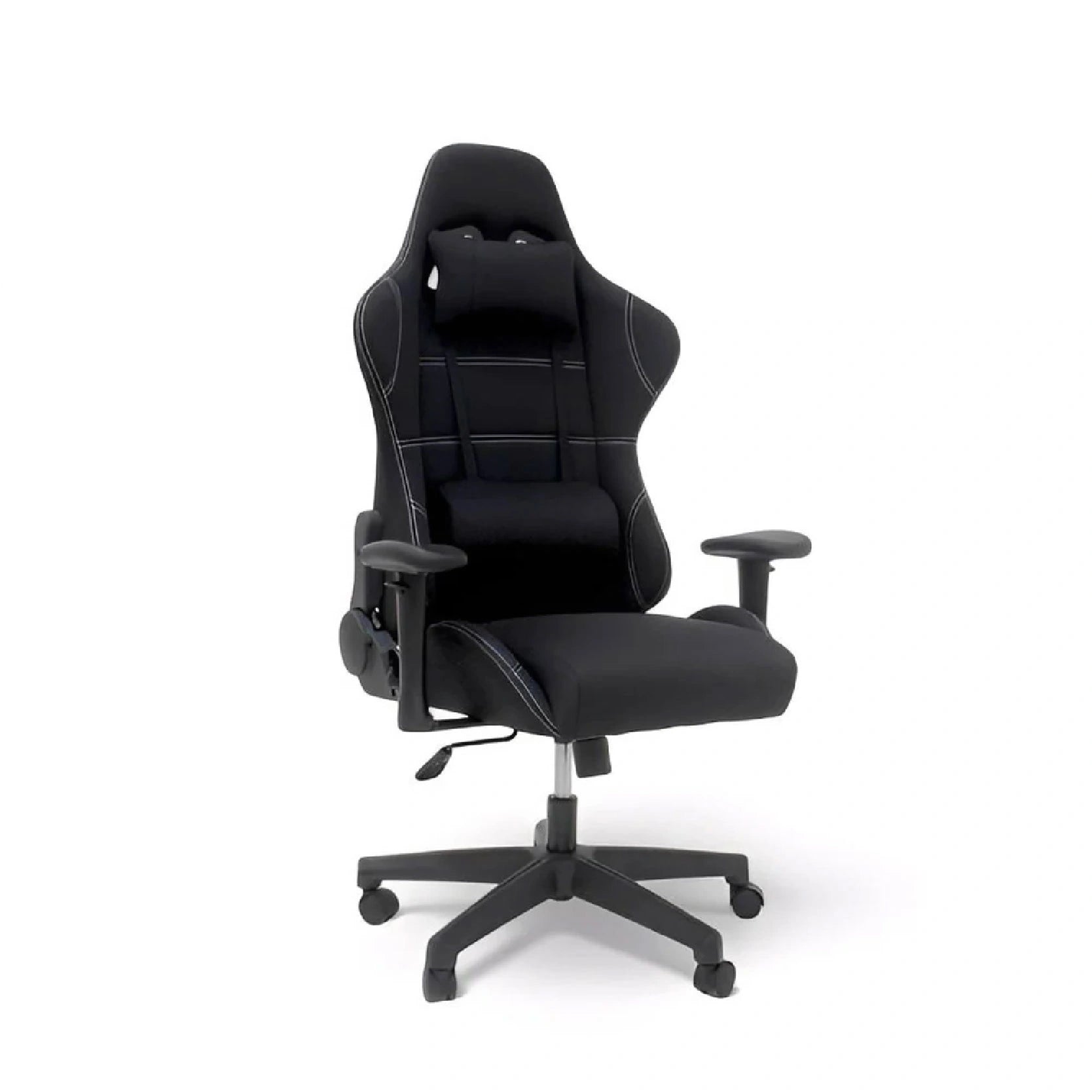 Black office chair with adjustable armrests and wheels on a white background