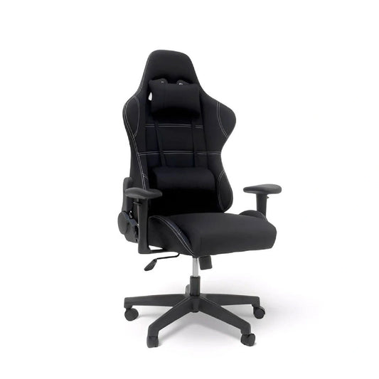Black office chair with adjustable armrests and wheels on a white background