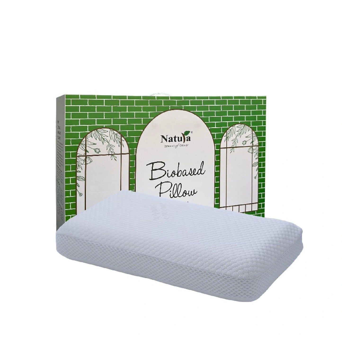 Biobased pillow with Natuja packaging on a white background