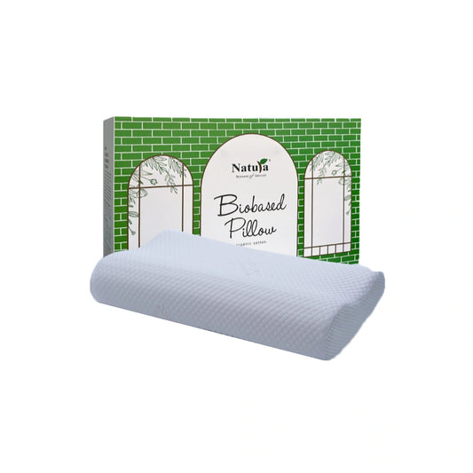 Biobased pillow with Natura Biobased Pillow packaging on a white background