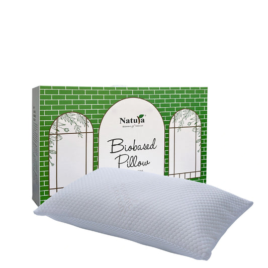 Natuja biobased pillow with packaging on a white background