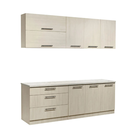 Beige kitchen cabinets with drawers on a white background