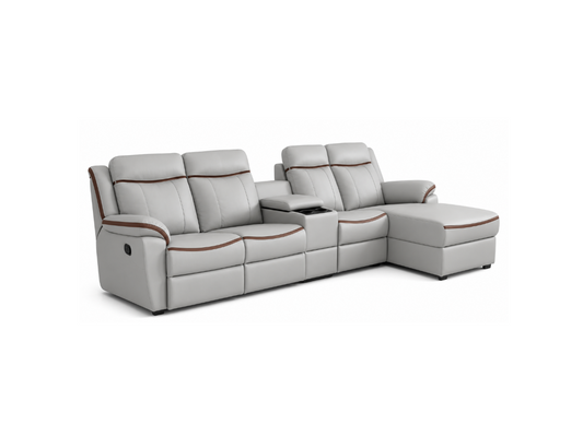 A light gray leather sectional sofa with a right-facing chaise lounge, a central console table, and brown contrast stitching, shown on a solid white background.