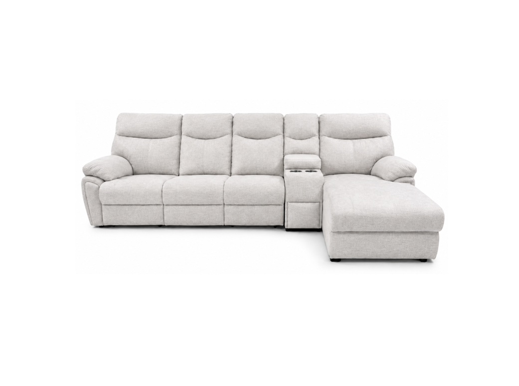 A light gray upholstered sectional sofa with a right-facing chaise lounge and a central console table, shown against a plain white background.