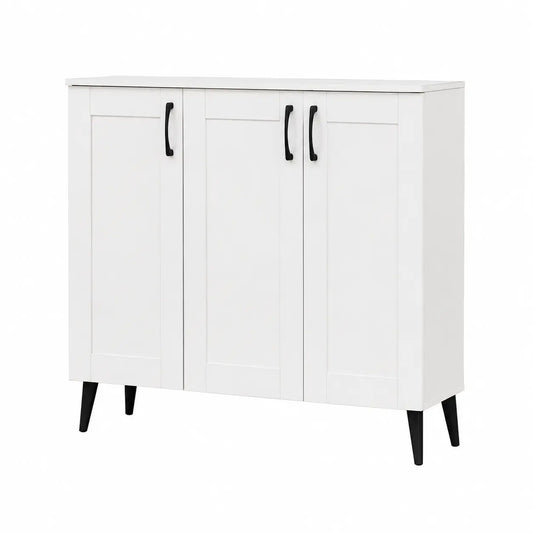 A white three-door cabinet with black handles and black tapered legs, shown on a plain white background.
