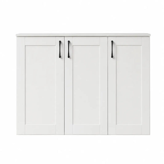 A white three-door cabinet with a shaker-style paneled design and slim black vertical handles, shown against a plain white background.