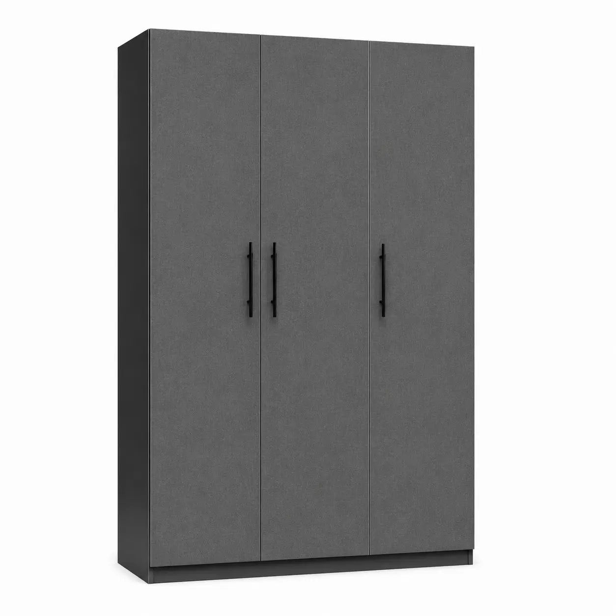 A three-door wardrobe or storage cabinet in dark gray with a textured finish and slim black vertical handles, shown on a plain white background.