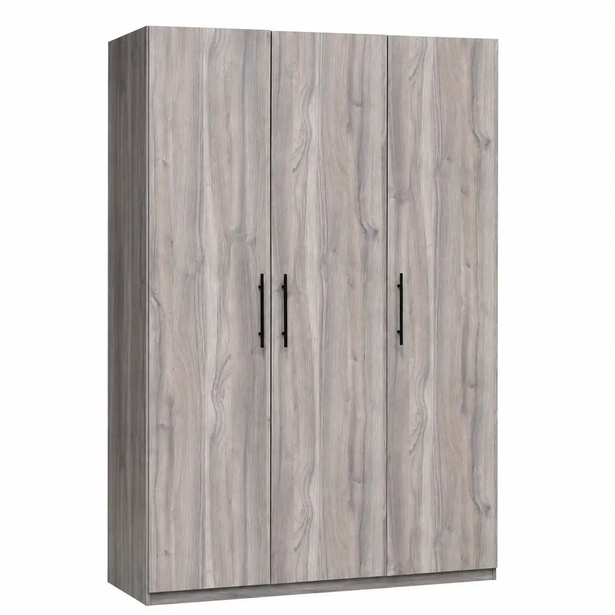 A three-door wardrobe or closet cabinet with a light gray wood grain finish and slim black vertical handles, shown on a plain white background.