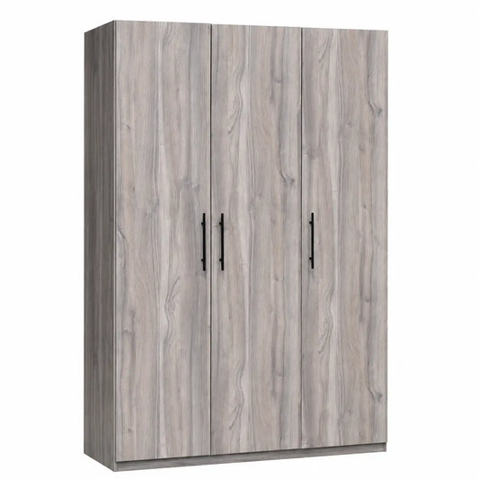 A three-door wardrobe or closet cabinet with a light gray wood grain finish and slim black vertical handles, shown on a plain white background.