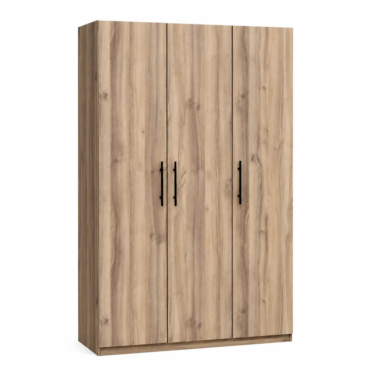 A three-door wardrobe or closet cabinet with a light oak wood grain finish and slim black vertical handles, shown on a plain white background.
