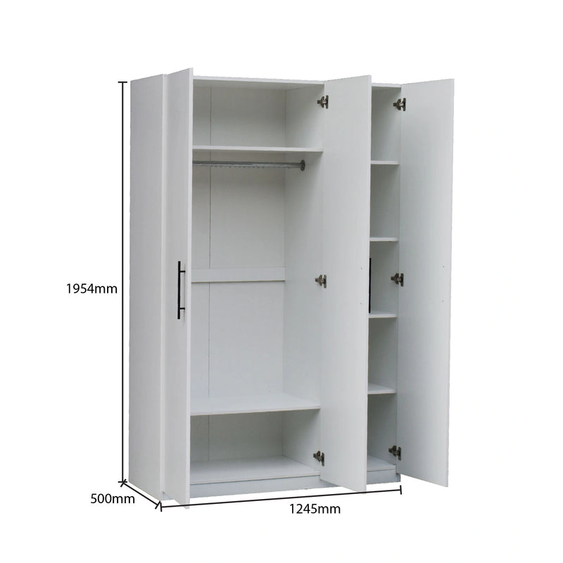 White wardrobe with open doors showing shelves and dimensions on a white background
