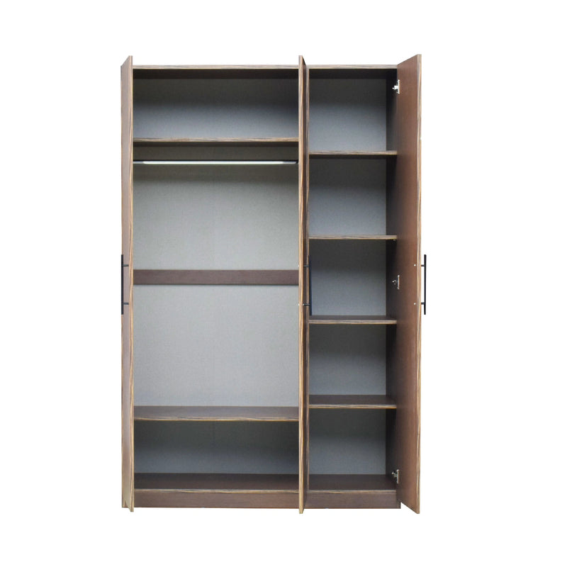 Wooden wardrobe with open doors on a white background
