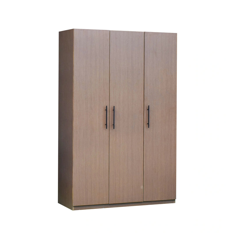 Wooden wardrobe with three doors on a white background
