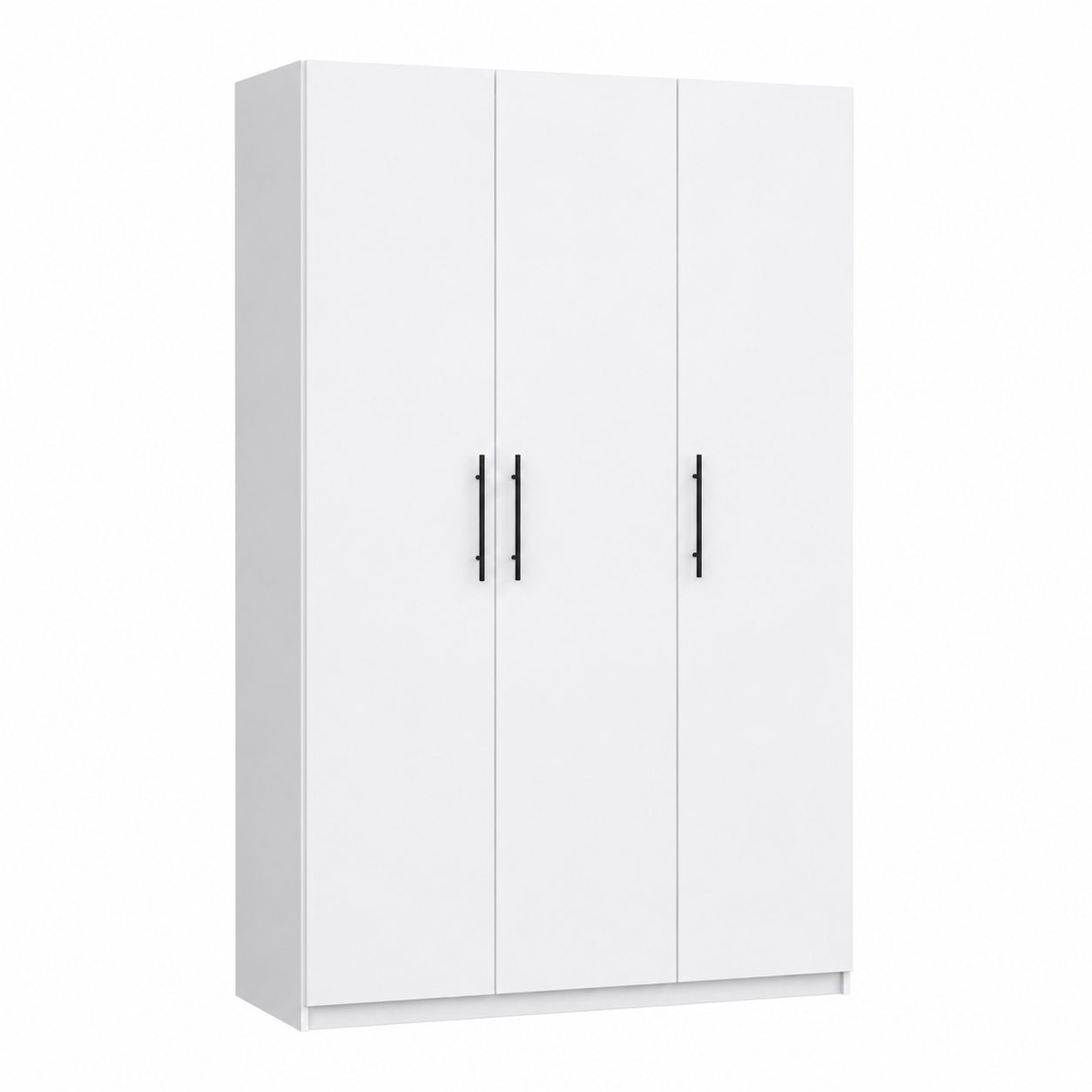 A modern three-door wardrobe or shoe cabinet in white, featuring slim black vertical handles and a subtle shadow line along the base, shown against a plain white background.