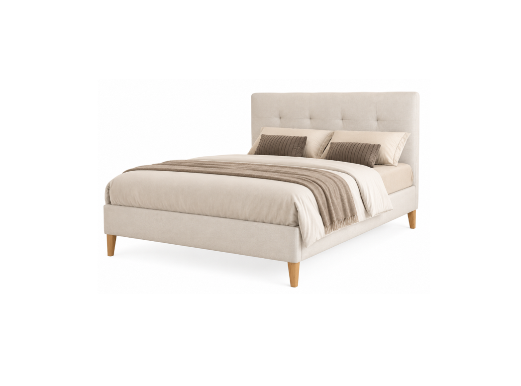 An upholstered bed frame in a light beige fabric with a tufted headboard and tapered wooden legs, styled with neutral beige and brown bedding on a solid white background.